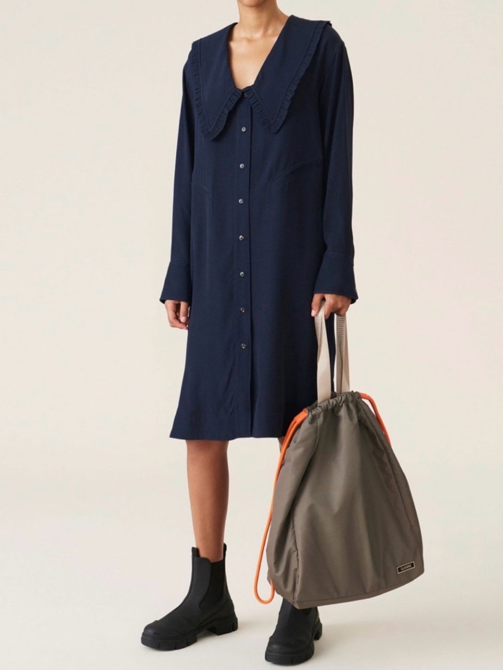 GANNI Ripstop Oversized Shirt Dress Sky Captain Navy Blue large XL New